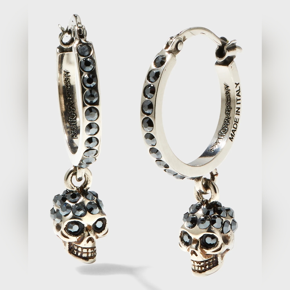 Alexander McQueen Pave Crystal Silver Hoop Drop Earrings